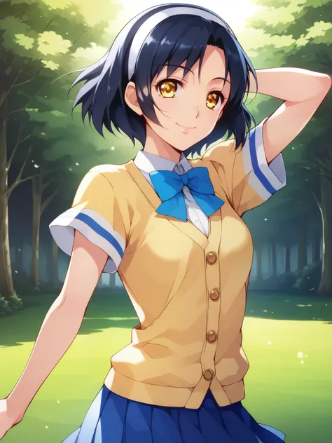 score_9, score_8_ up, score_7_ up, score_6_ up, score_5_ up, anime，nsfw，young ，Petite，Skinny Kise Yayoi, short hair,  Gold, (yellow eyes:1.3), headband, white headband, smile, in their 40s skirt, , socks, Cardigan, Nanairo Okanaka  , yellow Cardigan, pleat...