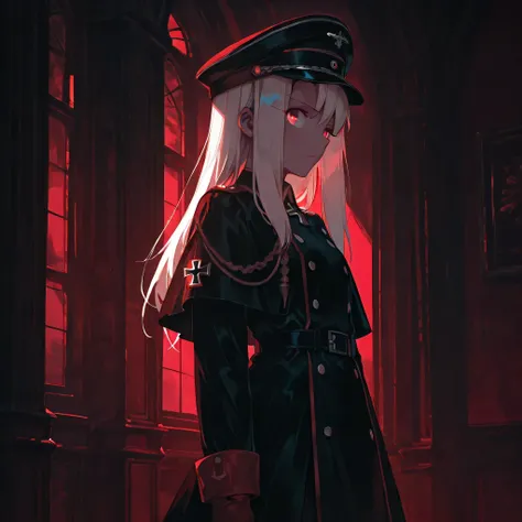 1girl, aiguillette, belt, black belt, black capelet, black coat, black dress, black ribbon, buttons, capelet, closed mouth, coat, cowboy shot, double-breasted, dress, epaulettes,  gloves, long hair, long sleeves, looking at viewer, military, military unifo...