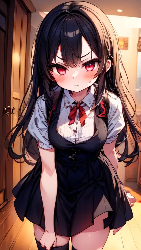 1 girl Trying to wear a skirt angry expression opening My cheeks turn red bending forward
