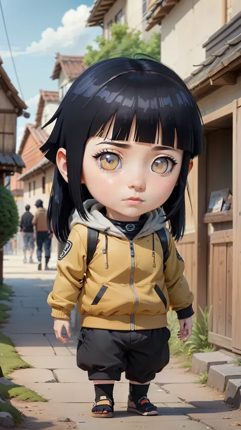 (extremely detailed CG unity 8k wallpaper), chibi cute Hinata, beauty face, full body,Konoha village background