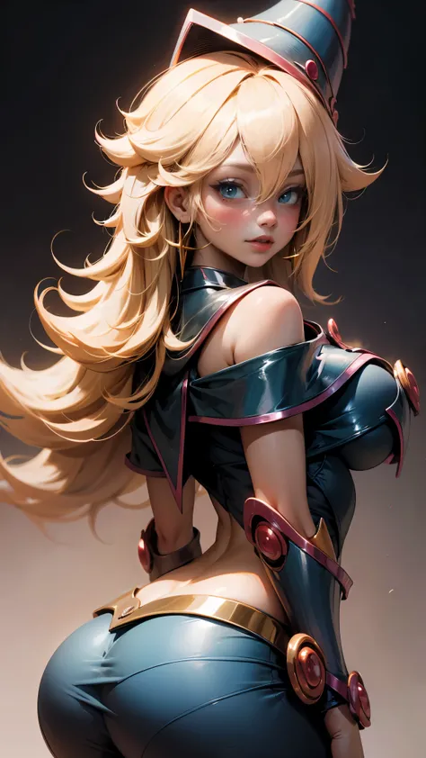 beautiful dark magician gils . long castaño hair. Cabello rizado. Rizos. . Cefe eyes. Red lips. Large, thick eyelashes . smiles. blush on cheek. visible breasts, from the back and looking back.