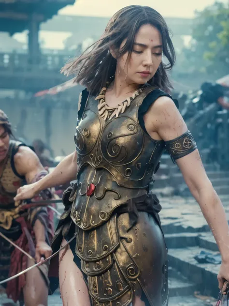 A bow and arrow are stuck in her body , Cry of Pain, Closed Eyes, masterpiece, high resolution, scratch, Torn, scratchだらけ, , dirt, wet, It's raining heavily , Clothes are torn 、I can see his chest and nipples , old clothes, panties with DECOR , 打撲sc...