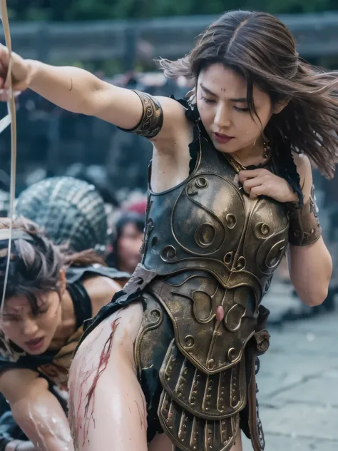 A bow and arrow are stuck in her body , Cry of Pain, Closed Eyes, masterpiece, high resolution, scratch, Torn, scratchだらけ, , dirt, wet, It's raining heavily , Clothes are torn 、I can see his chest and nipples , old clothes, panties with DECOR , 打撲sc...