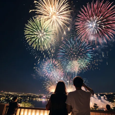 I'm looking up at fireworks floating in the night sky、Colourful Fireworks 、Big fireworks、people after the tag、no people