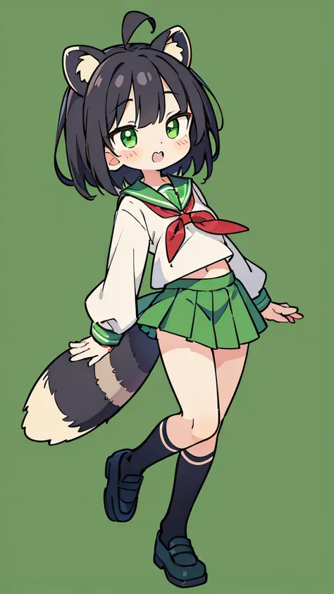 Nime style、cute face、 female、 Raccoon Ears、Raccoon Tail、black hair、 short hair、 green sailor suit、red ribbon、green skirt、simple background、double teeth、green eyes、Black school shoes