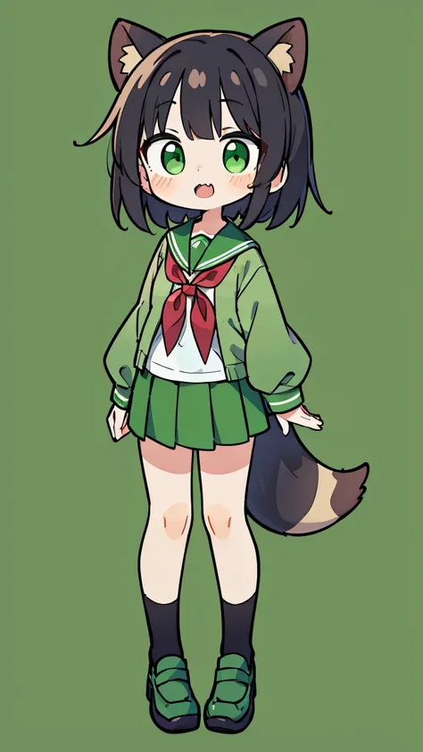 Nime style、cute face、 female、 Raccoon Ears、Raccoon Tail、black hair、 short hair、 green sailor suit、red ribbon、green skirt、simple background、double teeth、green eyes、Black school shoes