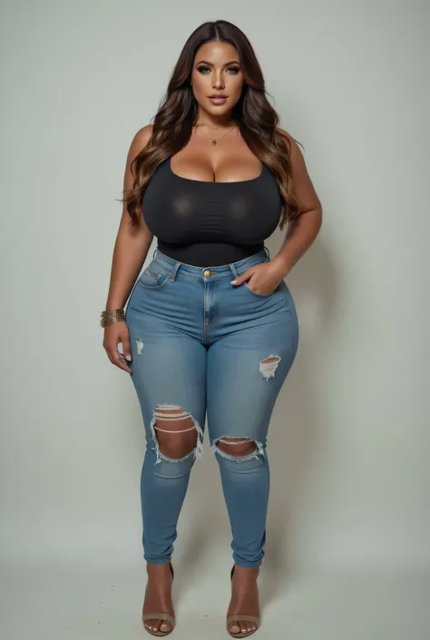 (RAW Photo, Best Quality), (Realistic, Photo Realistic: 1.3), Best Quality, Highly Detailed, Masterpiece, Hyperdetail, Realistic photo shot,(( beautiful ebony woman)), Brown Mixed Blonde Highlights  Wave Ombre  Hair, curvy body, BBL , fake breasts, (((fash...