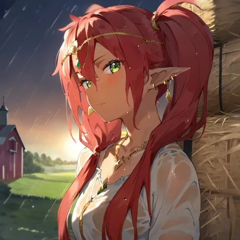 (zPDXL3), in barn, night, hay piles, night time, dusk, sunset, dark scene, raining outside, side view, 1girl, dark elf, 1girl, solo, earrings, twintails, red hair, pointy ears, blush, armlet, long hair, jewelry, wet clothes, looking at viewer, necklace, we...
