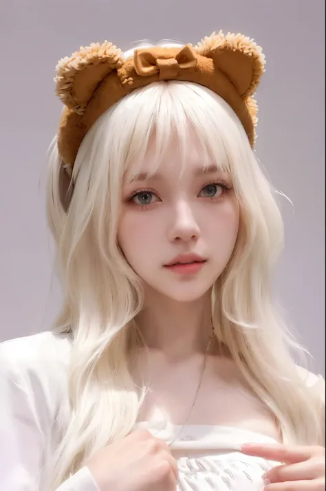 Blonde girl with a teddy bear headband and a white shirt, long white hair and bangs, white fringe, with long white hair , girl with white hair, perfect white-haired girl, with long white hair, beautiful young korean girl, Lalisa Manoban of Blackpink, ext...