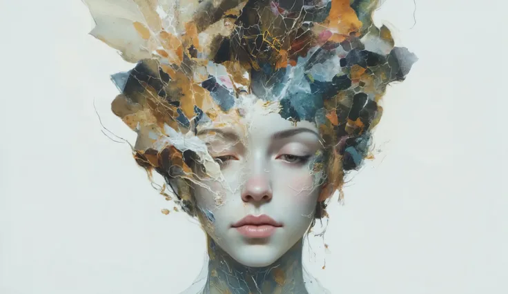 Imagine a surreal portrait of a woman whose face is a mosaic of various textures and materials, including cracked earth, flowing water, and shimmering crystals. She stands in a minimalist white room, with a single beam of light illuminating her face. Her e...