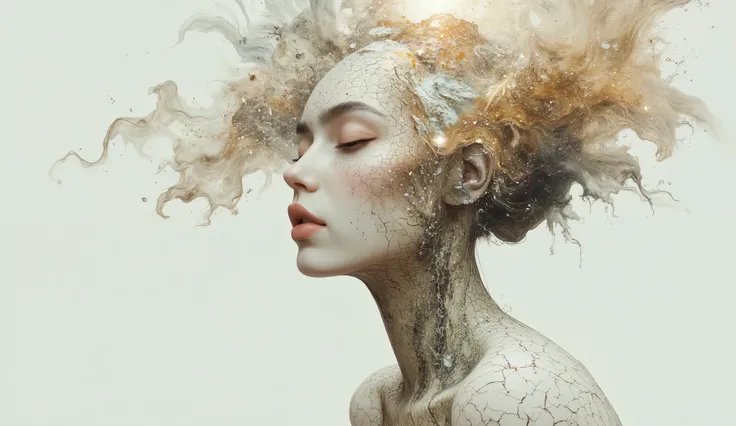 Imagine a surreal portrait of a woman whose face is a mosaic of various textures and materials, including cracked earth, flowing water, and shimmering crystals. She stands in a minimalist white room, with a single beam of light illuminating her face. Her e...