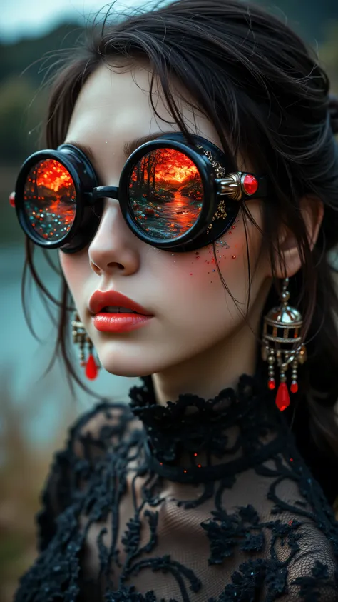 8k, Masterpiece, Top Quality, close-up, woman, young, smooth skin, defined eyebrows, full pink coral lips, dark brown hair pulled back, wearing large round black-framed goggles with sparkling miniature landscape diorama lenses glowing red points and metall...