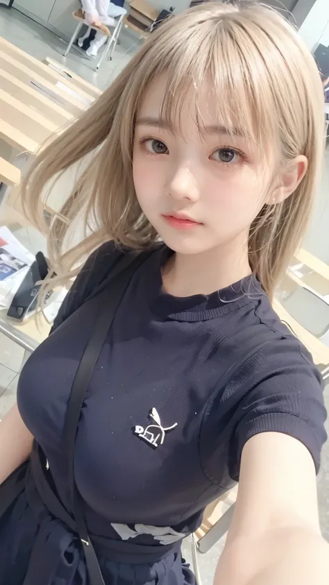 blond hair、 stylish hair 、(Large breasts accentuated by straps、Breast bag)、shoulder bag、slender body line、tight waist、beautiful small face、Large, symmetrical eyes、High nose、Moisturizing Lips、Highest Quality、8K、 RAW photos 、reality、ultra high definition、(de...