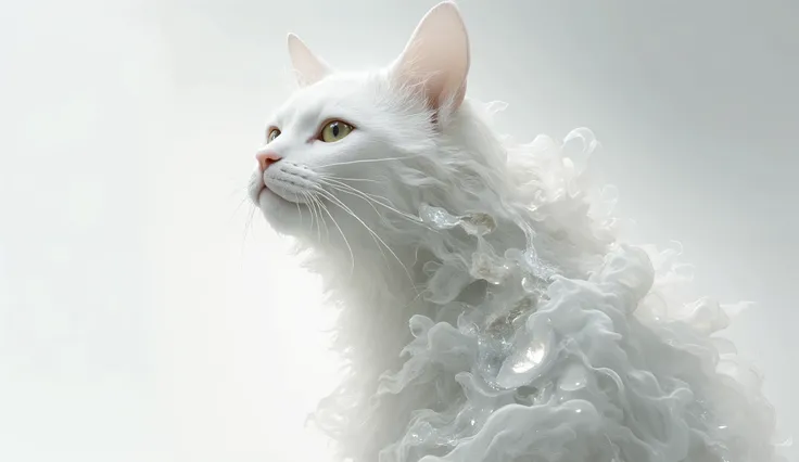 Imagine a surreal portrait of a white cat whose face is a mosaic of various textures and materials, including cracked earth, smoke, flowing water, and shimmering crystals. He stands in a minimalist white room, with a single beam of light illuminating her f...