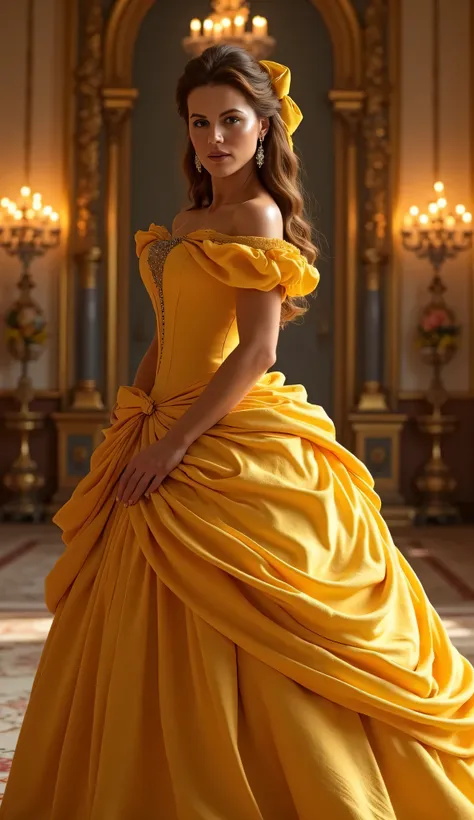 "Full-body portrait of Kate Beckinsale as Belle from Disney's Beauty and the Beast, wearing the iconic golden ball gown with flowing fabric and off-shoulder design, elegant hairstyle with loose curls and a ribbon, standing in a grand ballroom with chandeli...