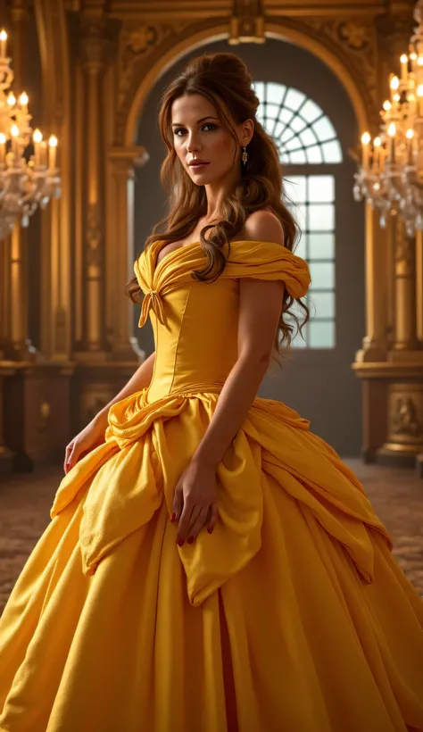 "Full-body portrait of Kate Beckinsale as Belle from Disney's Beauty and the Beast, wearing the iconic golden ball gown with flowing fabric and off-shoulder design, elegant hairstyle with loose curls and a ribbon, standing in a grand ballroom with chandeli...