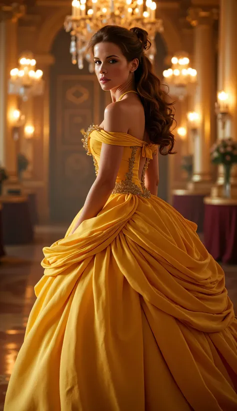 "Full-body portrait of Kate Beckinsale as Belle from Disney's Beauty and the Beast, wearing the iconic golden ball gown with flowing fabric and off-shoulder design, elegant hairstyle with loose curls and a ribbon, standing in a grand ballroom with chandeli...