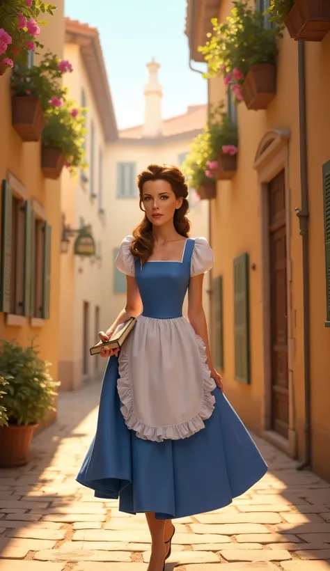 "Full-body portrait of Kate Beckinsale as Belle from Disney's Beauty and the Beast, walking through a charming French village street in the morning, wearing Belle’s classic blue and white dress with apron, holding a book in one hand, brown hair tied back w...