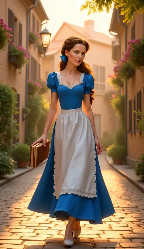 "Full-body portrait of Kate Beckinsale as Belle from Disney's Beauty and the Beast, walking through a charming French village street in the morning, wearing Belle’s classic blue and white dress with apron, holding a book in one hand, brown hair tied back w...