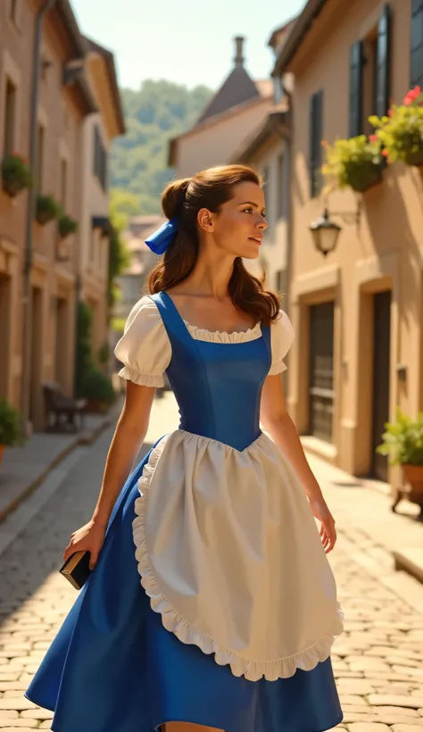 "Full-body portrait of Kate Beckinsale as Belle from Disney's Beauty and the Beast, walking through a charming French village street in the morning, wearing Belle’s classic blue and white dress with apron, holding a book in one hand, brown hair tied back w...