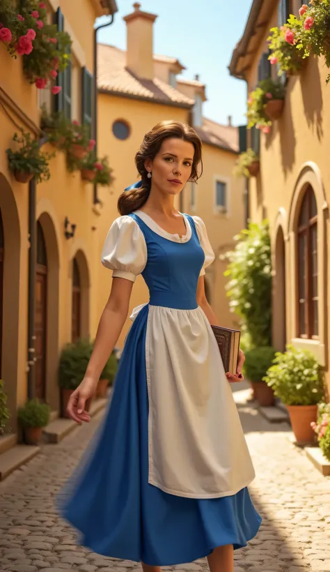 "Full-body portrait of Kate Beckinsale as Belle from Disney's Beauty and the Beast, walking through a charming French village street in the morning, wearing Belle’s classic blue and white dress with apron, holding a book in one hand, brown hair tied back w...