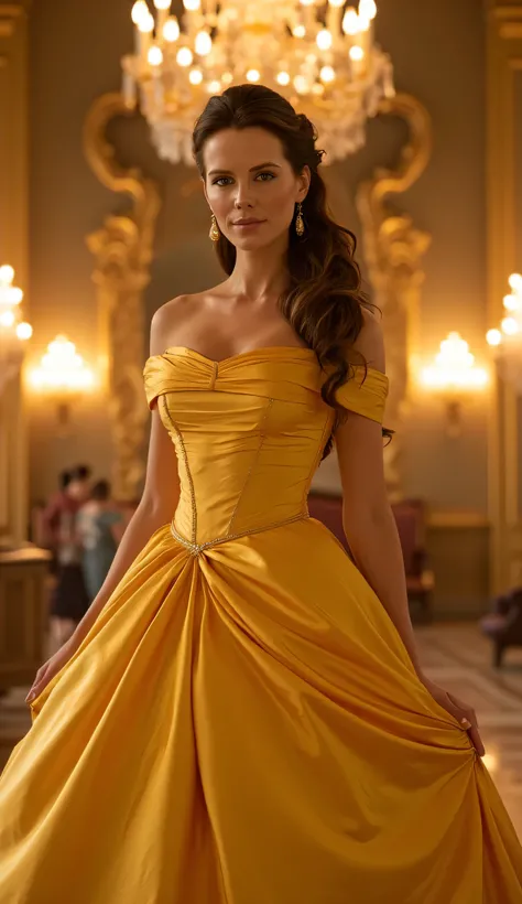 "Full-body portrait of Kate Beckinsale as Belle from Disney's Beauty and the Beast, wearing the iconic golden ball gown with flowing fabric and off-shoulder design, elegant hairstyle with loose curls and a ribbon, standing in a grand ballroom with chandeli...