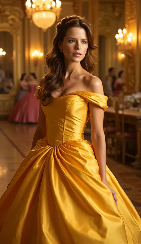 "Full-body portrait of Kate Beckinsale as Belle from Disney's Beauty and the Beast, wearing the iconic golden ball gown with flowing fabric and off-shoulder design, elegant hairstyle with loose curls and a ribbon, standing in a grand ballroom with chandeli...