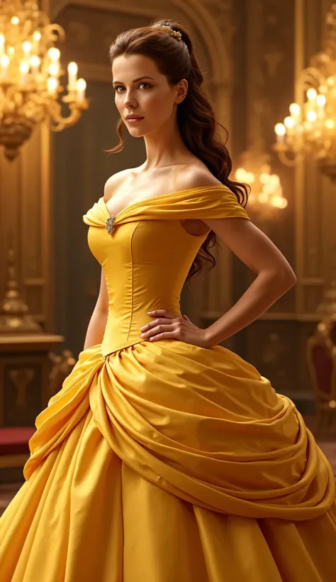 "Full-body portrait of Kate Beckinsale as Belle from Disney's Beauty and the Beast, wearing the iconic golden ball gown with flowing fabric and off-shoulder design, elegant hairstyle with loose curls and a ribbon, standing in a grand ballroom with chandeli...