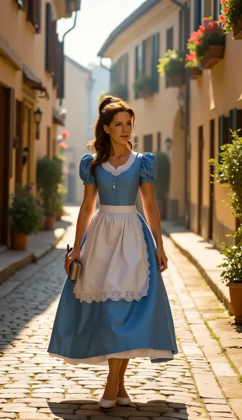 "Full-body portrait of Kate Beckinsale as Belle from Disney's Beauty and the Beast, walking through a charming French village street in the morning, wearing Belle’s classic blue and white dress with apron, holding a book in one hand, brown hair tied back w...