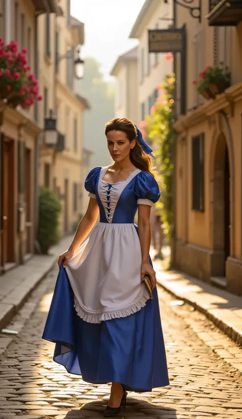 "Full-body portrait of Kate Beckinsale as Belle from Disney's Beauty and the Beast, walking through a charming French village street in the morning, wearing Belle’s classic blue and white dress with apron, holding a book in one hand, brown hair tied back w...