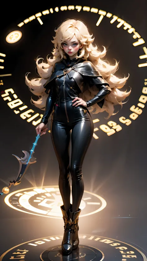 darck magician gils. blue eyes, long hair. blond hair. curly hair, blush on cheek, sexy pose. black clothes . black leather clothing. Pose of levitation on a magic staff. MAGIC HANDS . Magic circle in the background. full body shot.