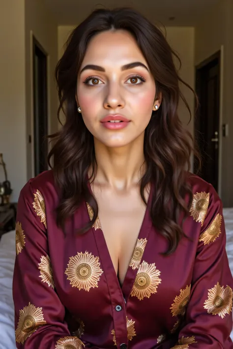 Beautiful skinny slim healthy round face indian very white skin curvy milf wife with long messy curly hair smirking look, perfect breast, simple small black dot bindhi, broad shoulder, big hip, big ass, thick thighs, woman wearing silk maroon kurti golden ...