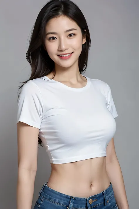 (realistic:1.2), solo, Asian woman, white t-shirt, tight shirt, crop top, midriff, navel, jeans, smile, gray background
