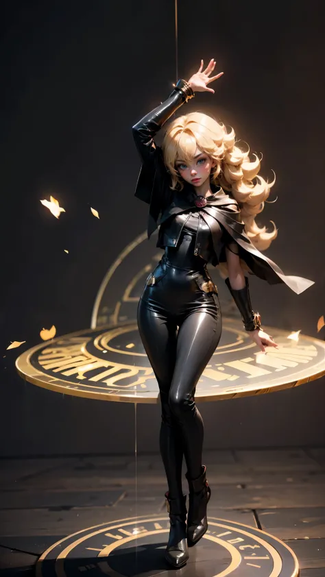 darck magician gils. blue eyes, long hair. blond hair. curly hair, blush on cheek, sexy pose. black clothes . black leather clothing. Pose of levitation on a magic staff. MAGIC HANDS . Magic circle in the background. full body shot.