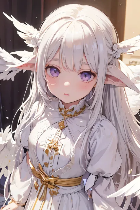 a female angel with long WHITE HAIR, albinic, and purple eyes. a long purple and gold dress, like in the Victorian era. Her expression is one of disgust and coldness, she is cold, as if she no longer has any perspective on life. long white wings on her bac...