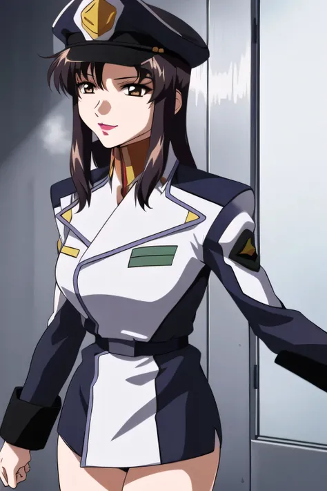  一people々々々々stand，smile，I'm drawing       the expression of。It depicts her expression more delicately，she's wearing a military hat， With legs  ，It completely interferes with escape，  black leather micro mini skirt ， wearing miniskirt    police uniform ，その仕...