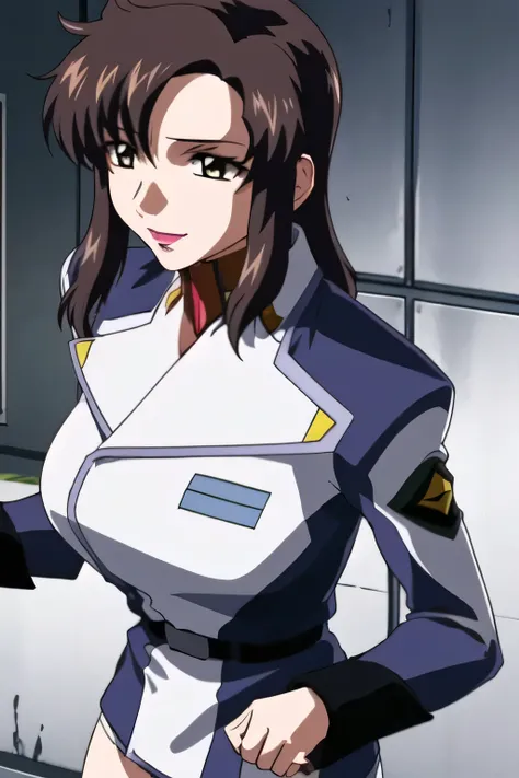  一people々々々々stand，smile，I'm drawing       the expression of。It depicts her expression more delicately，she's wearing a military hat， With legs  ，It completely interferes with escape，  black leather micro mini skirt ， wearing miniskirt    police uniform ，その仕...
