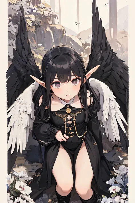 a female angel with long BLACK HAIR, and black eyes. a long purple and gold dress, like in the Victorian era. Her expression is one of disgust and coldness, she is cold, as if she no longer has any perspective on life. long BLACK white wings on her back. s...