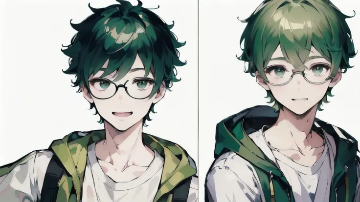 (( Highest Quality)), (( masterpiece)), ( details), wallpaper、Very details 、(((Very details な目と顔)))、 white background、glasses、 man、smile、 masterpiece、 Highest Quality、 To details male、green hair、Short Hair、 male、short hair、smile、8k、hooded clothes、Black tro...