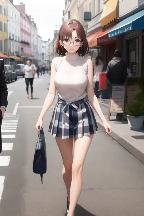 Can you draw a dark blue pleated miniskirt,please draw her expression more delicately，walking alone，   city tour   ,，（（（she is wearing casual tourist wear）））， I have a SLR camera  ,（Let's draw a more delicate look），（sleeveless wool sweater），（ pleated legs，...