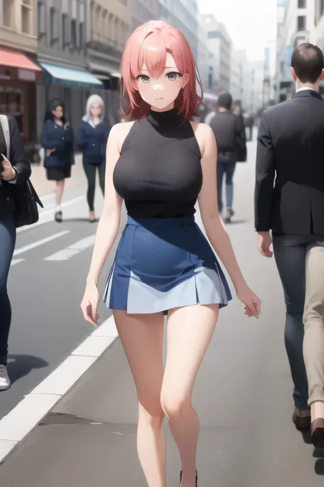 Can you draw a dark blue pleated miniskirt,please draw her expression more delicately，walking alone，   city tour   ,，（（（she is wearing casual tourist wear）））， I have a SLR camera  ,（Let's draw a more delicate look），（sleeveless wool sweater），（ pleated legs，...