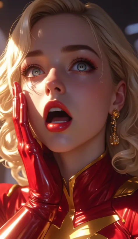 A hyper-realistic, ultra-detailed 8K cinematic close-up of Power Girl. Focus on her shocked facial expression — wide blue eyes, slightly parted lips, and raised eyebrows. She has one hand pressed to her cheek in surprise, her fingers gently touching her fa...