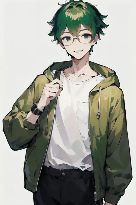 (( Highest Quality)), (( masterpiece)), ( details), wallpaper、Very details 、(((Very details な目と顔)))、 white background、glasses、 man、smile、 masterpiece、 Highest Quality、 To details male、green hair、Short Hair、straight hair with low difference、 male、short hair...
