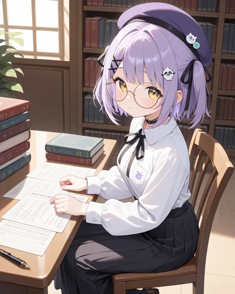 (best quality,amazing quality,very aesthetic,absurdres,newest,4k,8k), shinomiya runa, 1girl, solo, virtual youtuber, purple hair, two side up, short hair, yellow eyes, hair ribbon, black ribbon,hair ornament, hairclip, short breasts, voluptuous, purple ber...