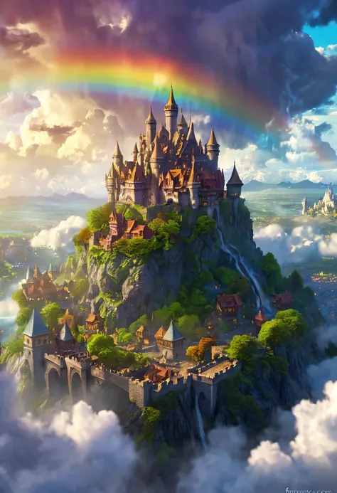 Arafed Castle in the clouds with a rainbow in the sky, Flying Cloud Castle, Fantasy Town, Fantasy Matte Painting,cute, A bustling magical town, fantasy very detailed, A beautifully detailed fantasy, 4K high-definition digital art, medeival Fantasy Town,...