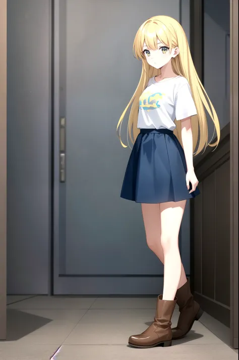 1girl, standing (Anatomically Correct body 1.6 ) Blonde anime girl with long hair of (eye Yellow Navy blue t-shirt and light blue skirt (color) And brown boots 1.6)