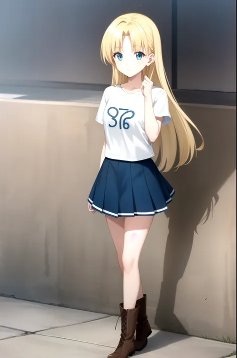 1girl, standing (Anatomically Correct body 1.6 ) Blonde anime girl with long hair of (eye Yellow Navy blue t-shirt and light blue skirt (color) And brown boots 1.6)