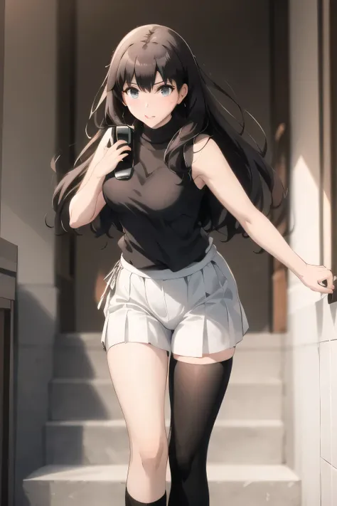 {{X}},draw her eXpression more delicately,walking alone, city tour ,,(((I'm dressed in casual tourist style))), I have a SLR camera ,(Let's draw a more delicate look),(sleeveless wool sweater),( Pleated Legs,white panties),(That work is enough for...