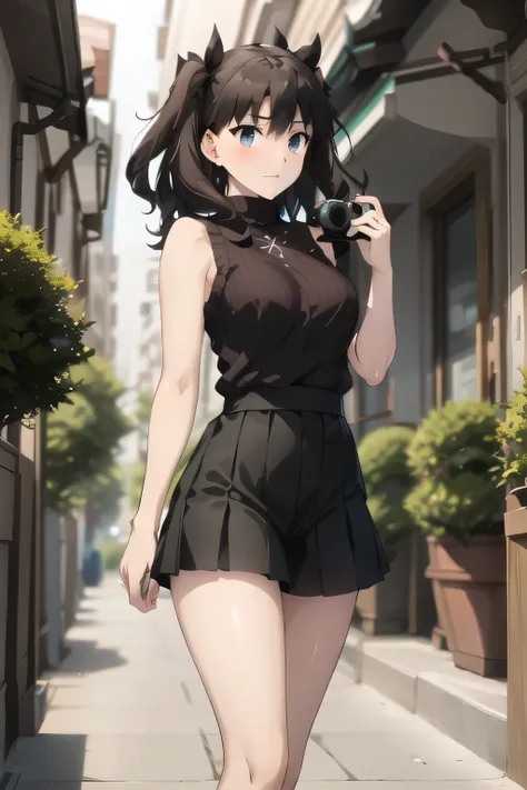 Can you draw blondes,{{X}},depicts her expression more delicately，walking alone，      city tour      ,，（（（jumping up and down）））， I have a SLR camera  ,（Let's draw a more delicate look），（sleeveless wool sweater），（ Pleated Legs，white panties），（That work is ...