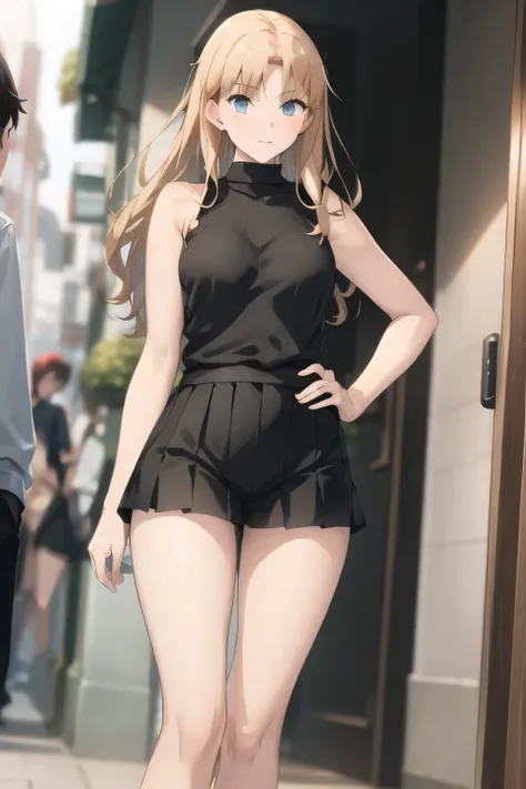 Can you draw blondes,{{X}},depicts her expression more delicately，walking alone，      city tour      ,，（（（jumping up and down）））， I have a SLR camera  ,（Let's draw a more delicate look），（sleeveless wool sweater），（ Pleated Legs，white panties），（That work is ...